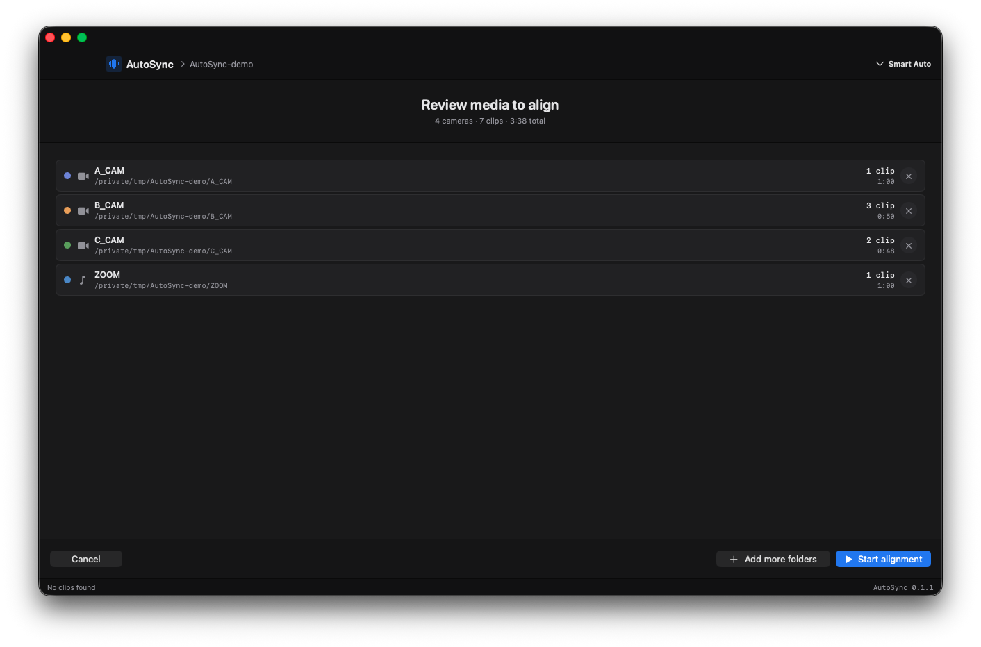 Review screen listing 4 tracks and 7 clips ready to align