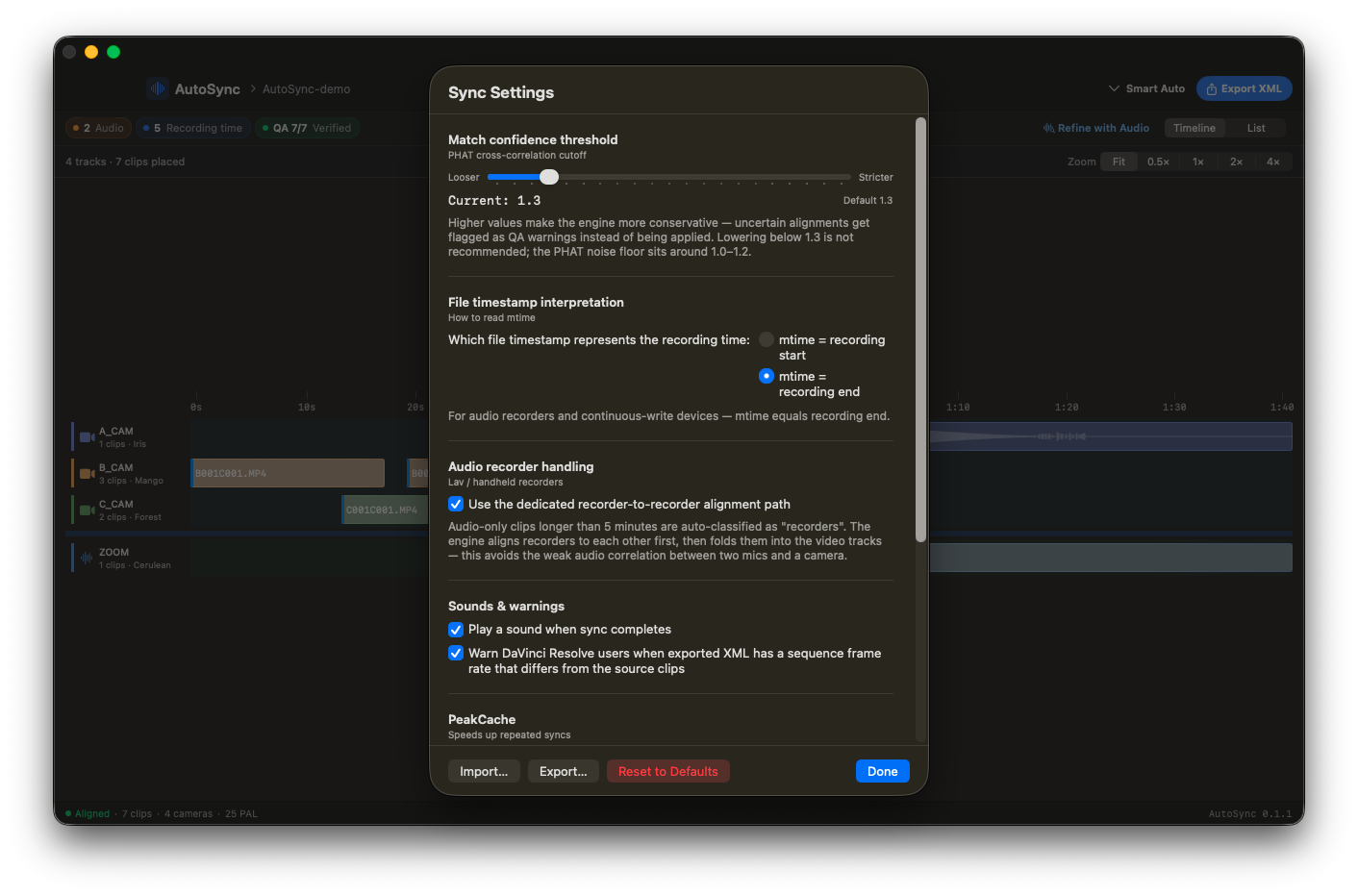 Sync settings sheet showing alignment thresholds and locale preferences